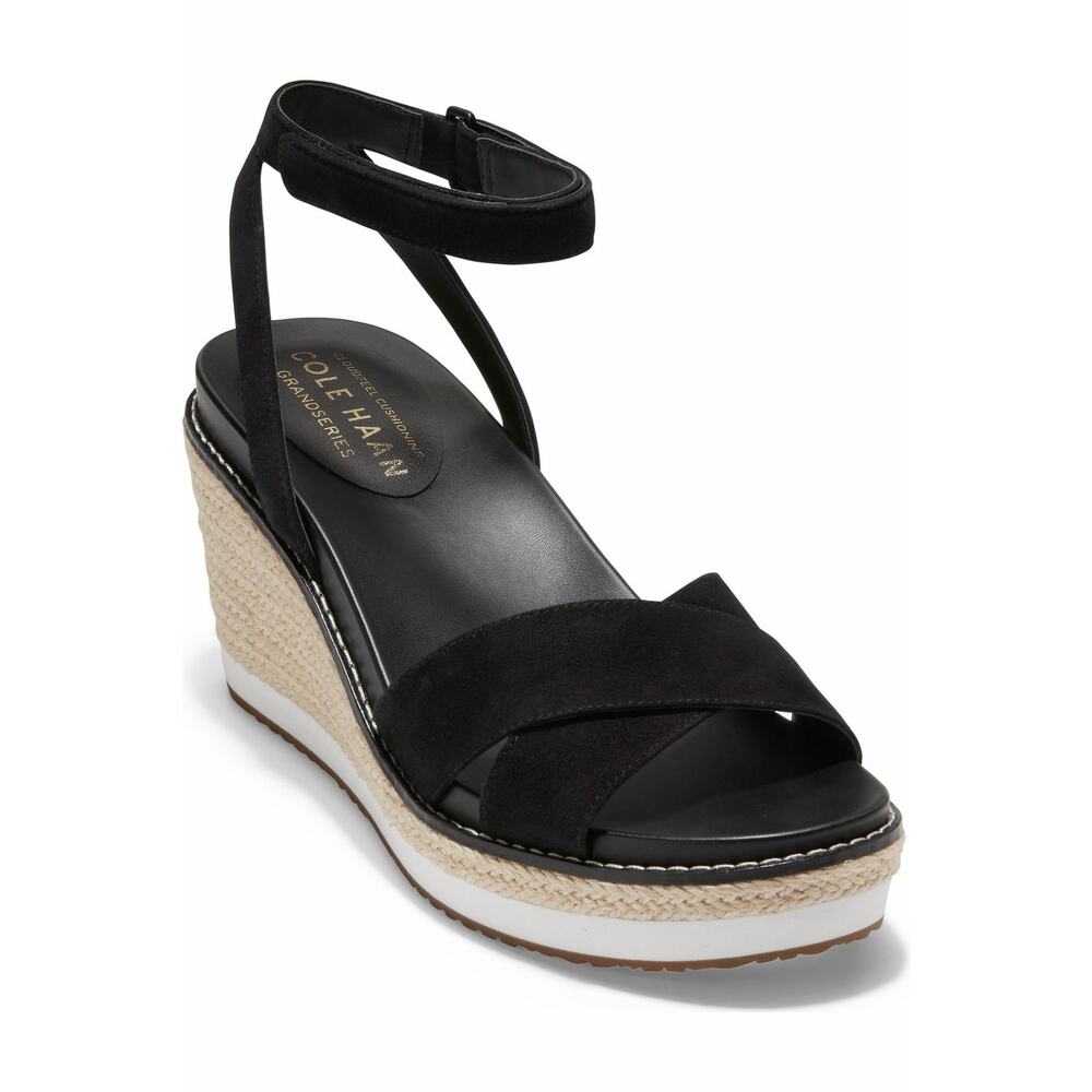 Cole Haan Cloudfeel Black Suede Wedge Espadrille Sandals Sz 8.5